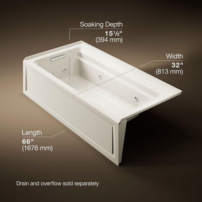 KOHLER K-1124-HL Archer 72" x 36" alcove whirlpool bath with alcove, left drain, biscuit - view 5