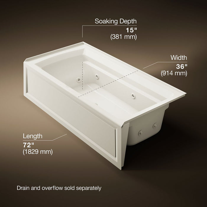 KOHLER K-1124-HR Archer 72" x 36" alcove whirlpool bath, right drain, biscuit - view 5