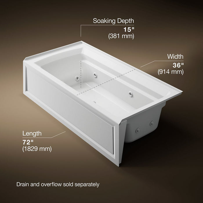 KOHLER Archer 72" x 36" alcove whirlpool bath, right drain