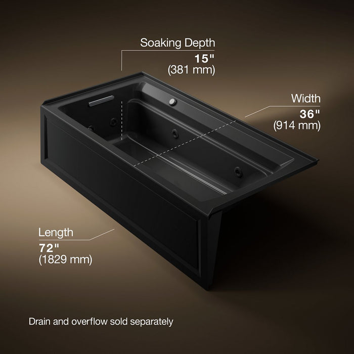KOHLER K-1124-LAW Archer 72" x 36" alcove whirlpool bath with Bask heated surface, left drain, black black - view 5