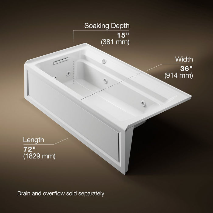 KOHLER K-1124-LAW Archer 72" x 36" alcove whirlpool bath with Bask heated surface, left drain, white - view 5