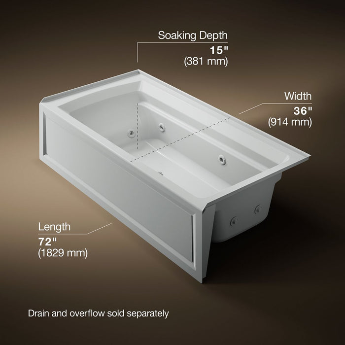 KOHLER K-1124-RA Archer 72" x 36" alcove whirlpool bath, right drain, ice grey - view 5