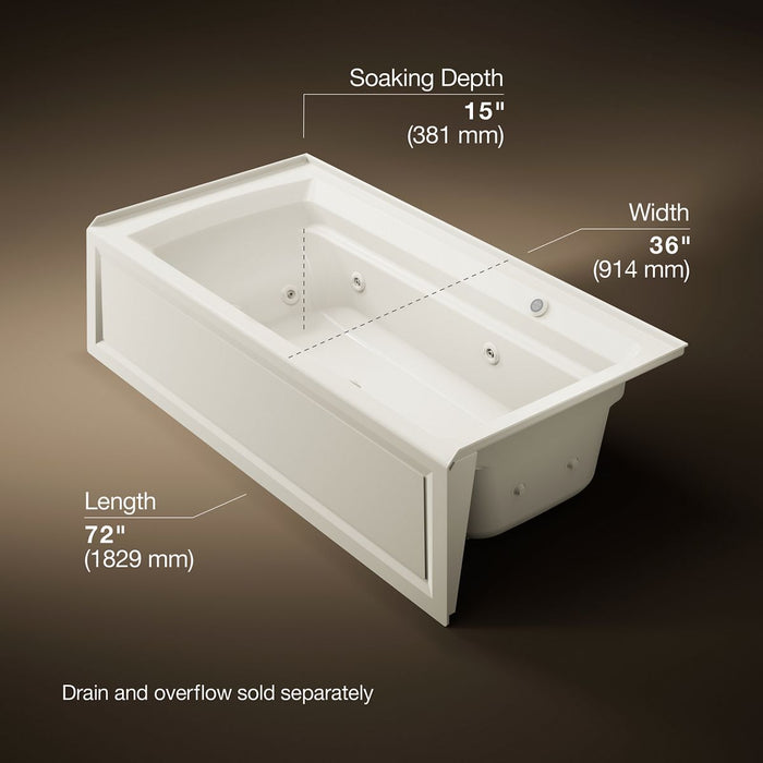 KOHLER K-1124-RAW Archer 72" x 36" alcove whirlpool bath with Bask heated surface, right drain