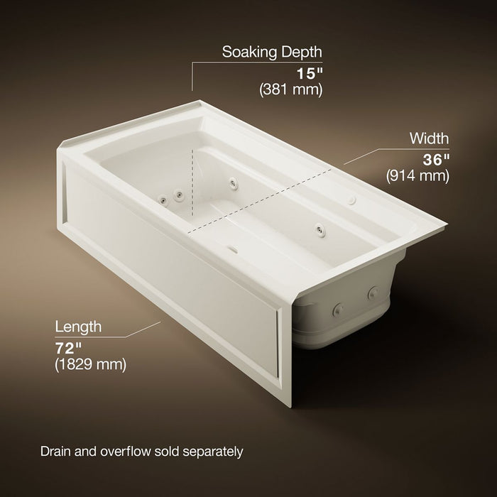 KOHLER K-1124-XGHRA Archer 72" x 36" alcove Heated BubbleMassage air bath and whirlpool, right drain, biscuit - view 5
