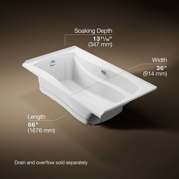 KOHLER K-1224-GHLW Mariposa 66" x 36" alcove Heated BubbleMassage air bath with Bask heated surface, left drain, white -...