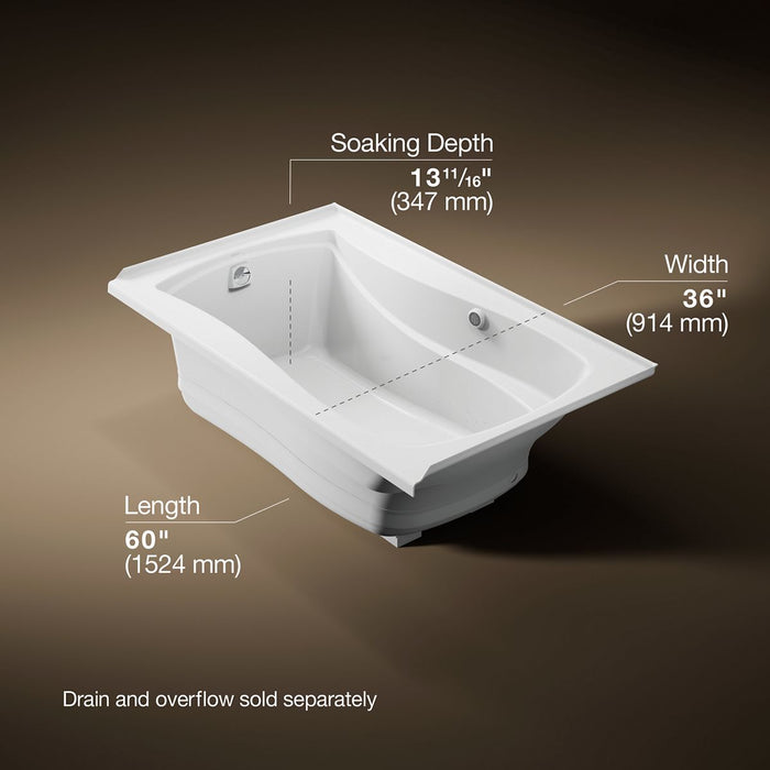 KOHLER K-1239-GHLW Mariposa 60" x 36" alcove Heated BubbleMassage air bath with Bask heated surface, left drain, white -...