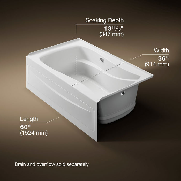 KOHLER K-1239-GHRAW Mariposa 60" x 36" alcove Heated BubbleMassage air bath with Bask heated surface, right drain, white...
