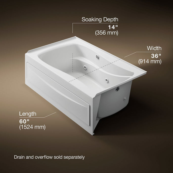 KOHLER K-1239-RAW Mariposa 60" x 36" alcove whirlpool bath Bask heated surface, right drain