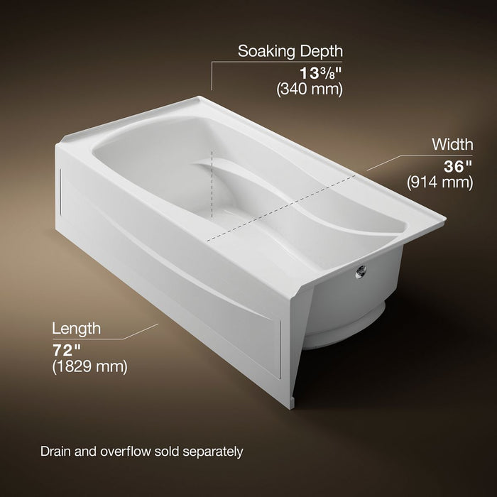 KOHLER K-1257-GHRA Mariposa 72" x 36" alcove Heated BubbleMassage air bath, right drain, white - view 5