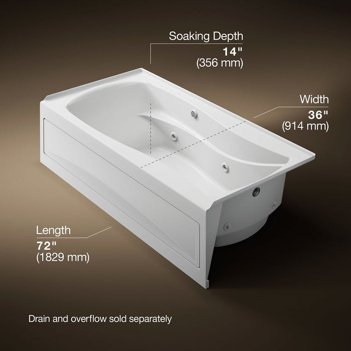 KOHLER K-1257-RAW Mariposa 72" x 36" alcove whirlpool bath with Bask heated surface, right drain, white - view 5