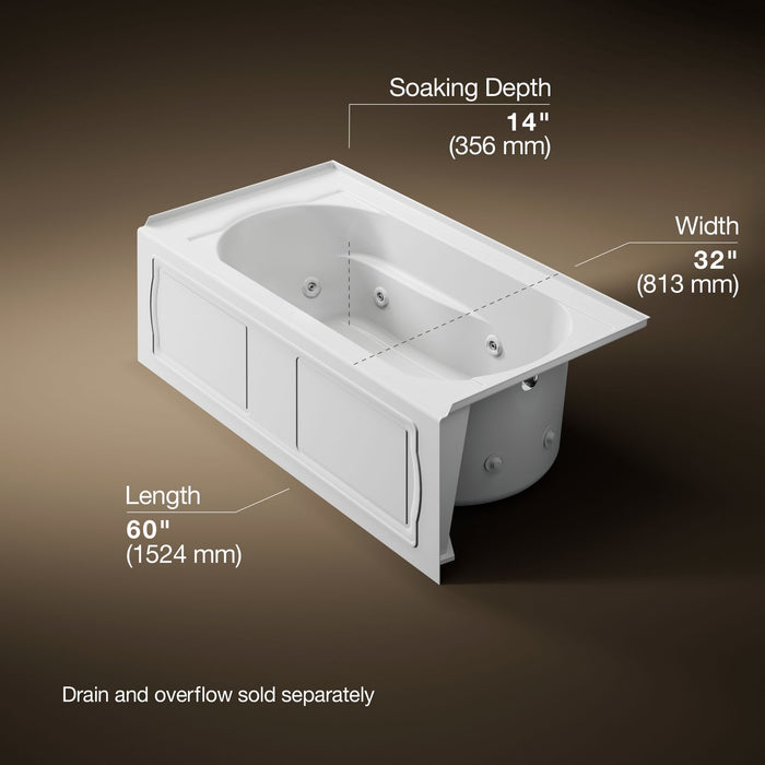 KOHLER K-1357-RA Devonshire 60" x 32" alcove whirlpool bath, right drain