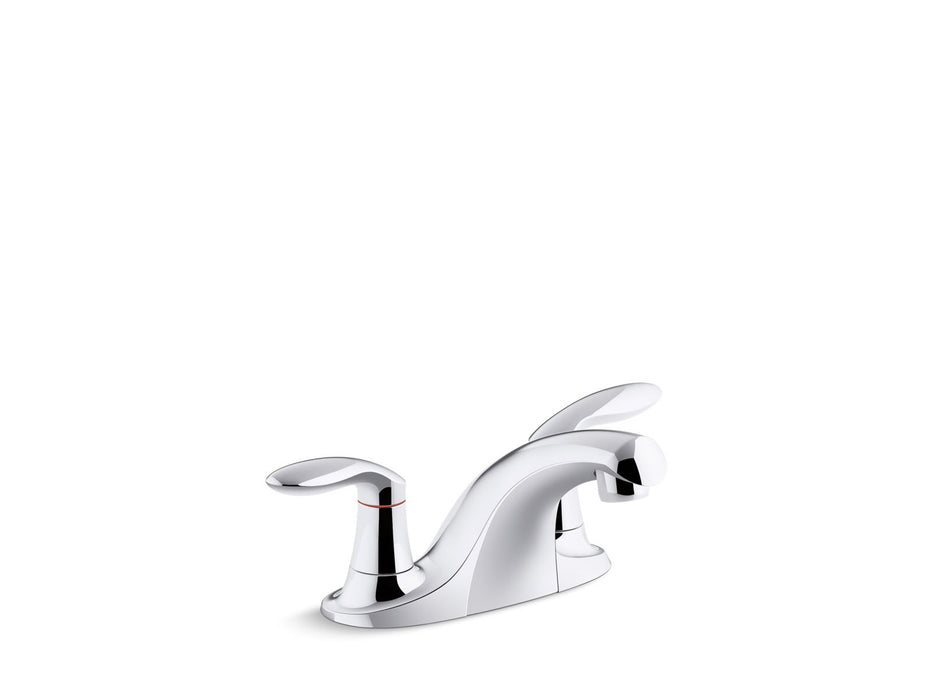 KOHLER Coralais Two-handle centerset bathroom sink faucet with grid drain, 0.5 gpm vandal-resistant aerator and red/blue indicator