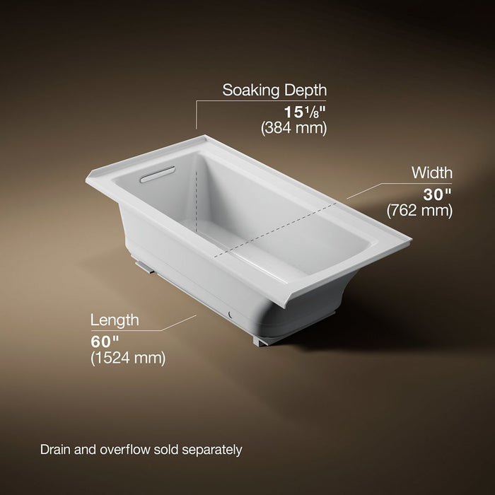 KOHLER K-1947-GHLF Archer 60" x 30" alcove Heated BubbleMassage air bath, left drain, ice grey - view 5