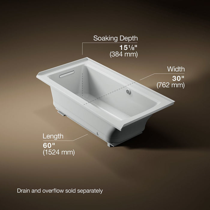 KOHLER Archer 60" x 30" alcove Heated BubbleMassage air bath with Bask heated surface, left drain