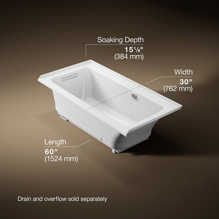 KOHLER Archer 60" x 30" alcove Heated BubbleMassage air bath with Bask heated surface, left drain