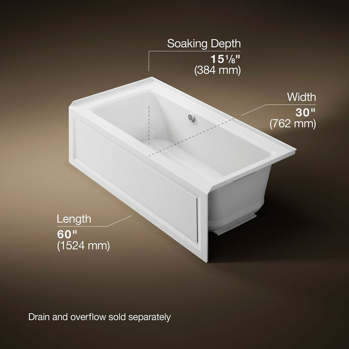 KOHLER Archer 60" x 30" alcove Heated BubbleMassage air bath with Bask heated surface, right drain