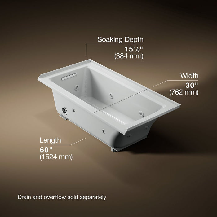 KOHLER K-1947-L Archer 60" x 30" alcove whirlpool bath, left drain, ice grey - view 5