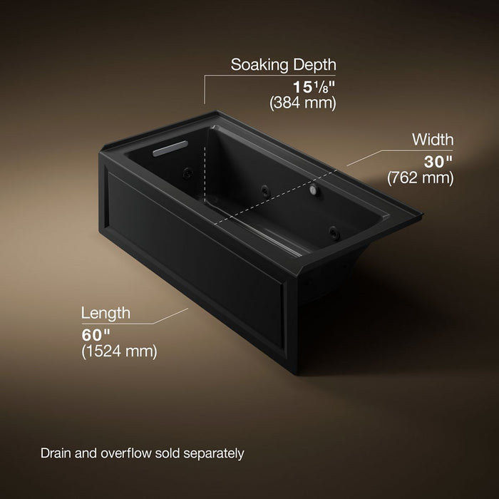 KOHLER K-1947-LAW Archer 60" x 30" alcove whirlpool bath with Bask heated surface, left drain, black black - view 5