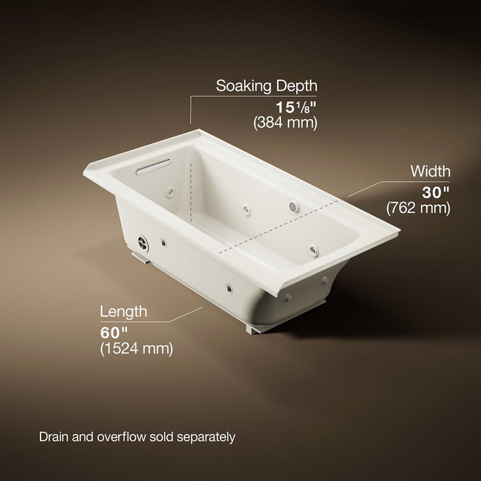KOHLER K-1947-LW Archer 60" x 30" alcove whirlpool bath with Bask heated surface, left drain