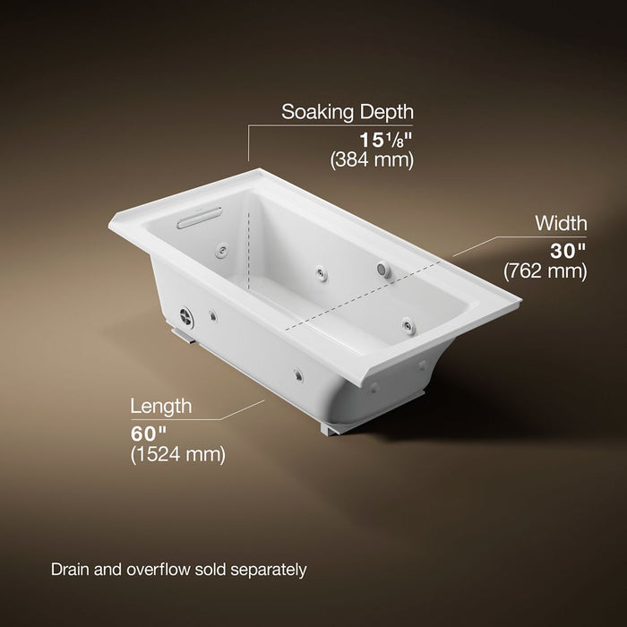 KOHLER K-1947-LW Archer 60" x 30" alcove whirlpool bath with Bask heated surface, left drain
