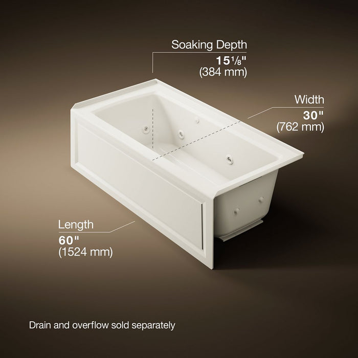KOHLER K-1947-RAW Archer 60" x 30" alcove whirlpool bath with Bask heated surface, right drain, biscuit - view 5