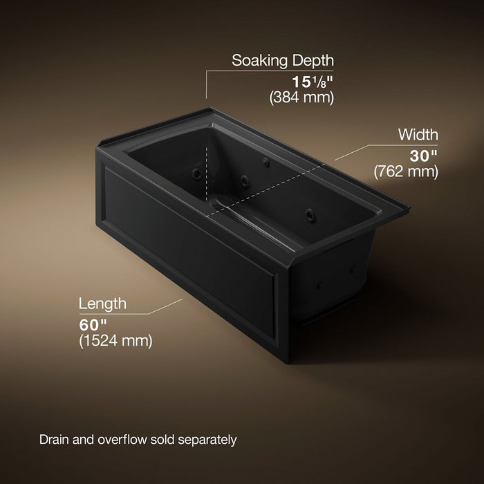 KOHLER K-1947-XGHRA Archer 60" x 30" alcove Heated BubbleMassage air bath and whirlpool, right drain, black black - view 5