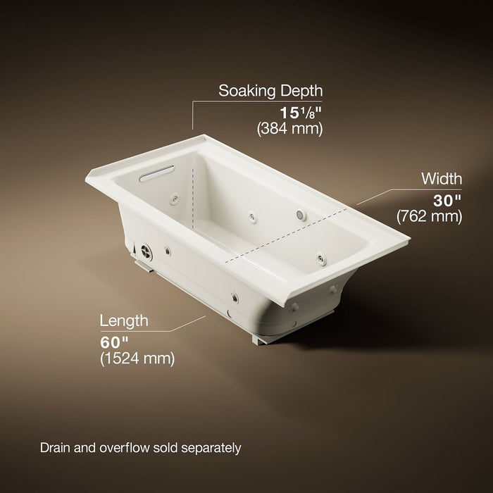 KOHLER K-1947-XHGHL Archer 60" x 30" alcove Heated BubbleMassage air bath and whirlpool, left drain, biscuit - view 5