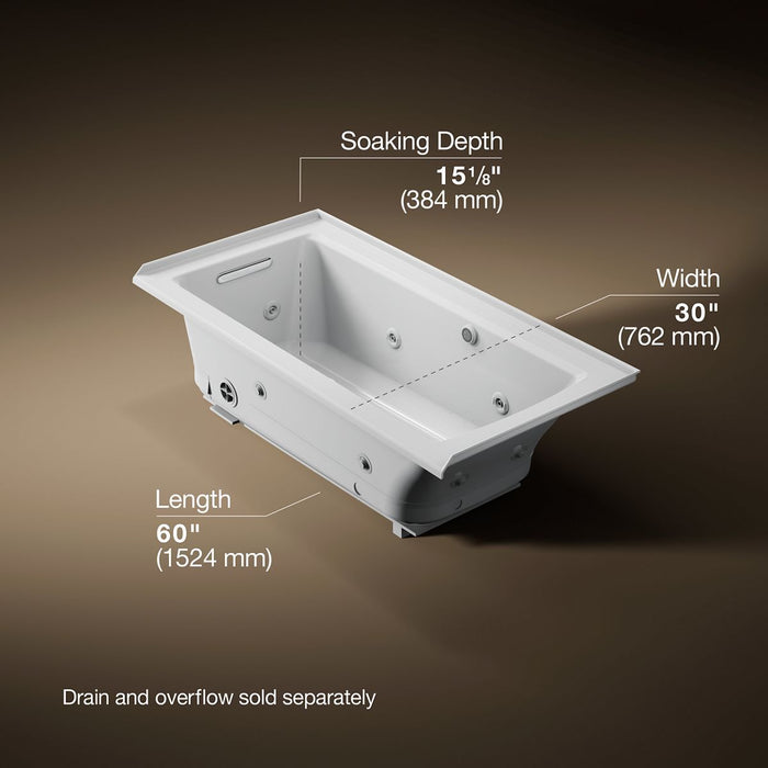 KOHLER K-1947-XHGHL Archer 60" x 30" alcove Heated BubbleMassage air bath and whirlpool, left drain, ice grey - view 5