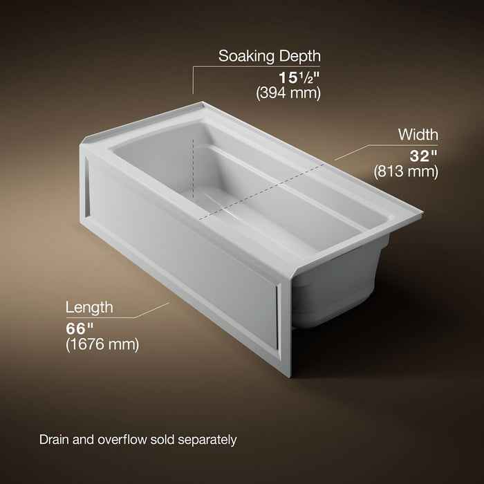 KOHLER K-1949-GHRA Archer 66" x 32" alcove Heated BubbleMassage air bath, right drain, ice grey - view 5