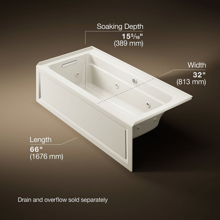 KOHLER K-1949-LAW Archer 66" x 32" alcove whirlpool bath with Bask heated surface, left drain, biscuit - view 5