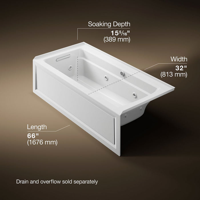 KOHLER K-1949-LAW Archer 66" x 32" alcove whirlpool bath with Bask heated surface, left drain, white - view 5