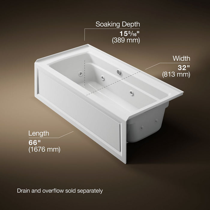 KOHLER K-1949-RAW Archer 66" x 32" alcove whirlpool bath with Bask heated surface, right drain, white - view 5