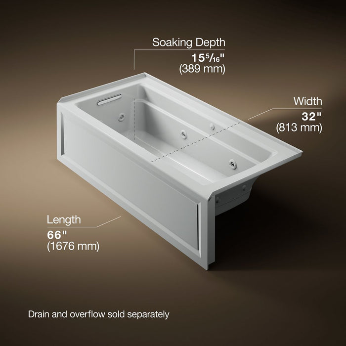 KOHLER K-1949-XGHLA Archer 66" x 32" alcove Heated BubbleMassage air bath and whirlpool, left drain, ice grey - view 5
