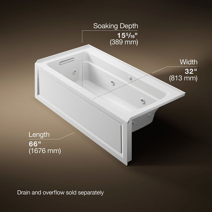 KOHLER K-1949-XGHLA Archer 66" x 32" alcove Heated BubbleMassage air bath and whirlpool, left drain, white - view 5
