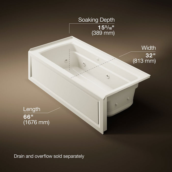 KOHLER K-1949-XGHRA Archer 66" x 32" alcove Heated BubbleMassage air bath and whirlpool, right drain, biscuit - view 5