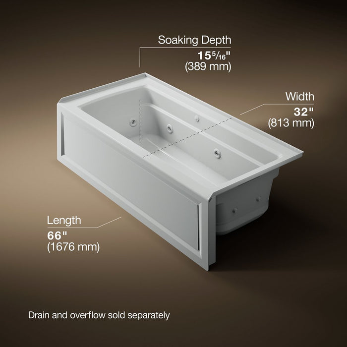 KOHLER K-1949-XGHRA Archer 66" x 32" alcove Heated BubbleMassage air bath and whirlpool, right drain, ice grey - view 5