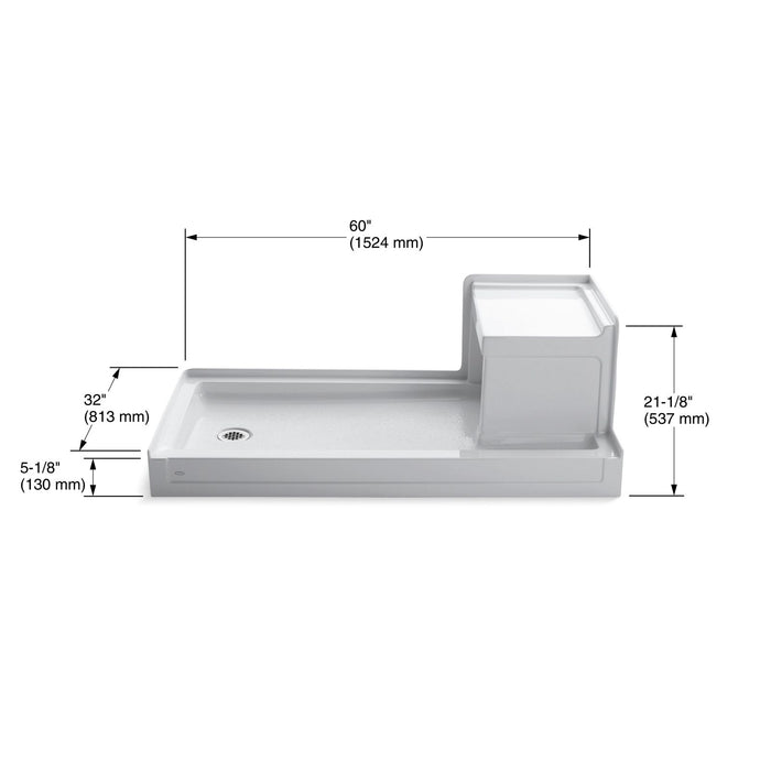 KOHLER K-1977 Tresham 60" x 32" alcove shower base, left drain