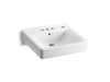 KOHLER K-2054-R Soho 20" x 18" wall-mount/concealed arm carrier arm bathroom sink with 4" centerset faucet holes and rig