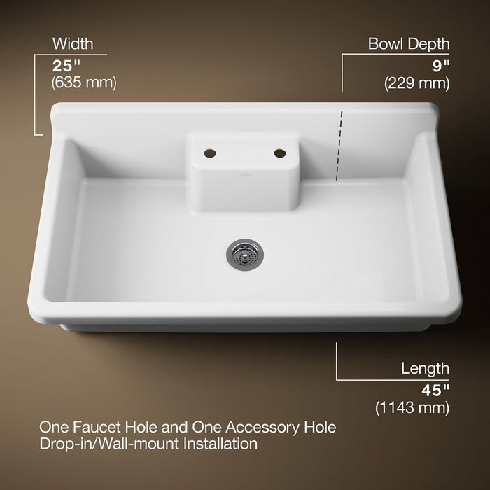 KOHLER K-21103-2HW Farmstead 45" top-/wall-mount single-bowl workstation farmhouse kitchen sink, white - view 5