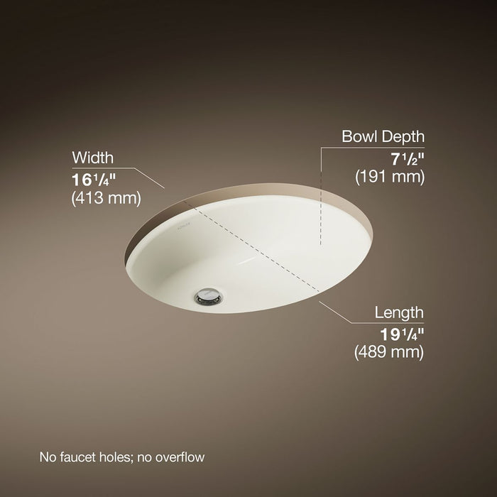 Kohler Caxton 19-1/4" oval undermount bathroom sink with glazed underside, no overflow