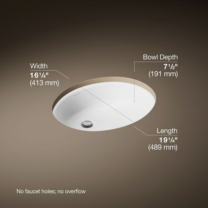 Kohler Caxton 19-1/4" oval undermount bathroom sink with glazed underside, no overflow