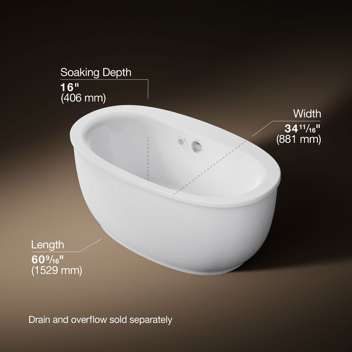 KOHLER K-24009-GH Sunstruck 60-1/2" x 34-1/2" freestanding Heated BubbleMassage air bath with fluted shroud