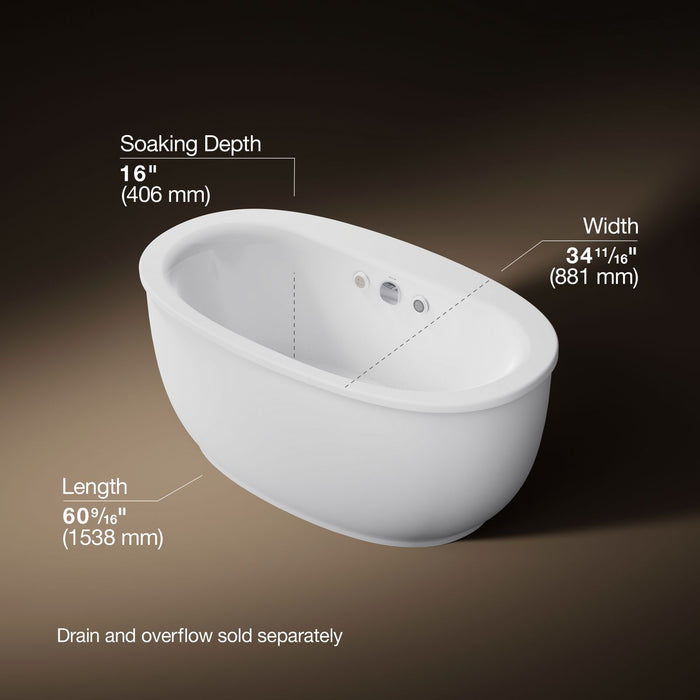 KOHLER K-24009-GHW Sunstruck 60-1/2" x 34-1/2" freestanding Heated BubbleMassage air bath with Bask heated surface and f