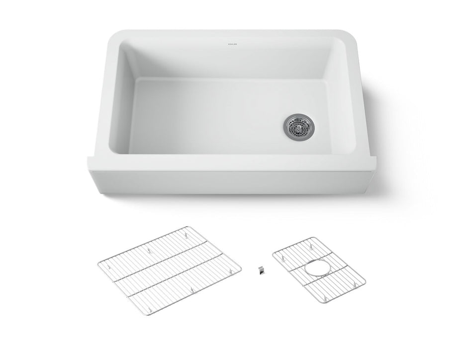 KOHLER K-25786 Cairn 34" undermount single-bowl farmhouse kitchen sink, matte white