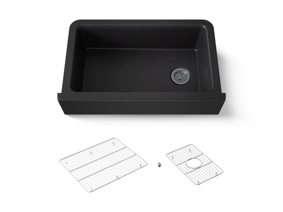 Kohler Cairn 34" undermount single-bowl farmhouse kitchen sink with fluted design