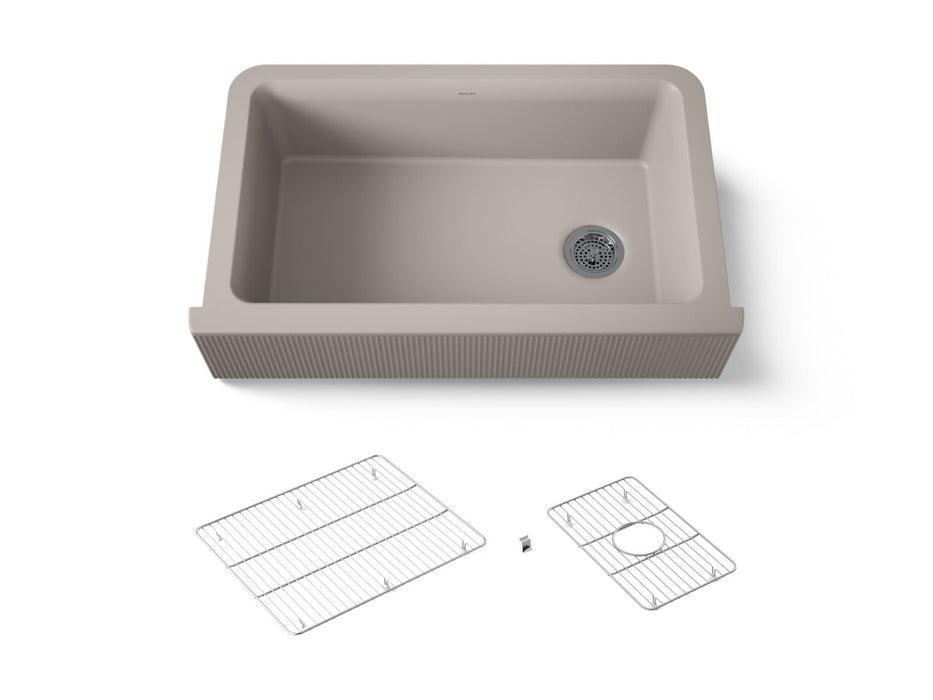Kohler Cairn 34" undermount single-bowl farmhouse kitchen sink with fluted design