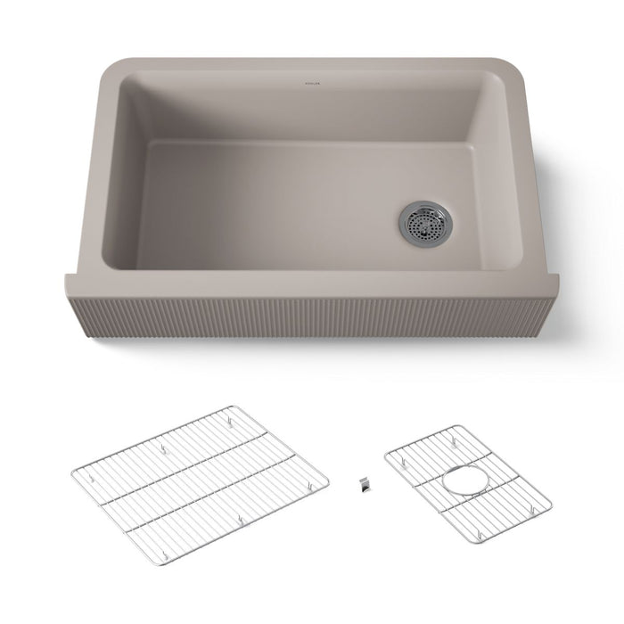 Kohler Cairn 34" undermount single-bowl farmhouse kitchen sink with fluted design