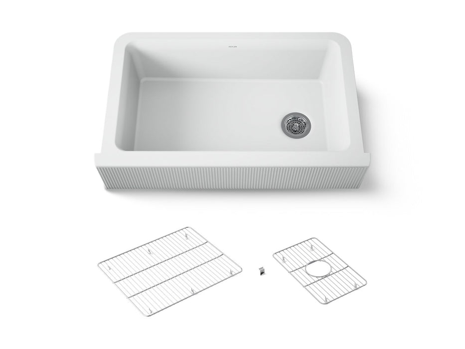 KOHLER K-25788 Cairn 34" undermount single-bowl farmhouse kitchen sink with fluted design, matte white
