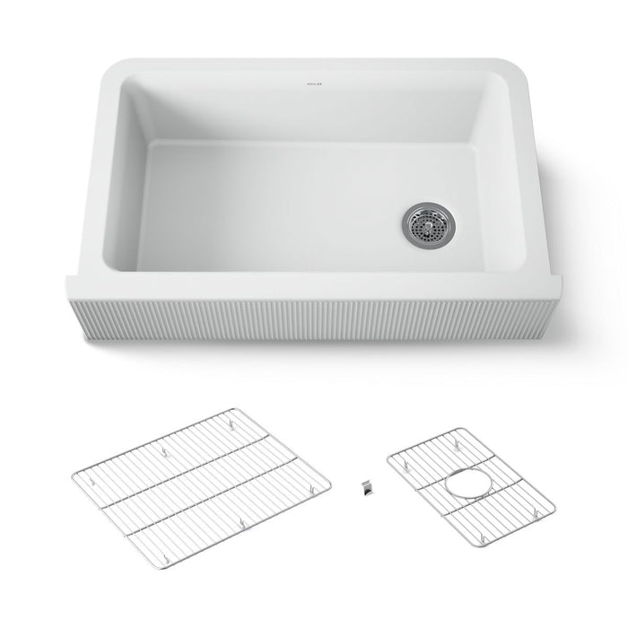 KOHLER K-25788 Cairn 34" undermount single-bowl farmhouse kitchen sink with fluted design