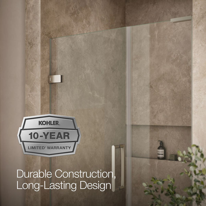 KOHLER K-27604-10L Composed Frameless pivot shower door, 71-3/4" H x 45-1/4 - 46" W, with 3/8" thick Crystal Clear glass